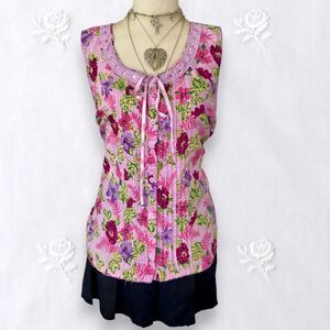 Early 2000's Pink Flower Cotton Floral Fairy Button Up Blouse Top XL